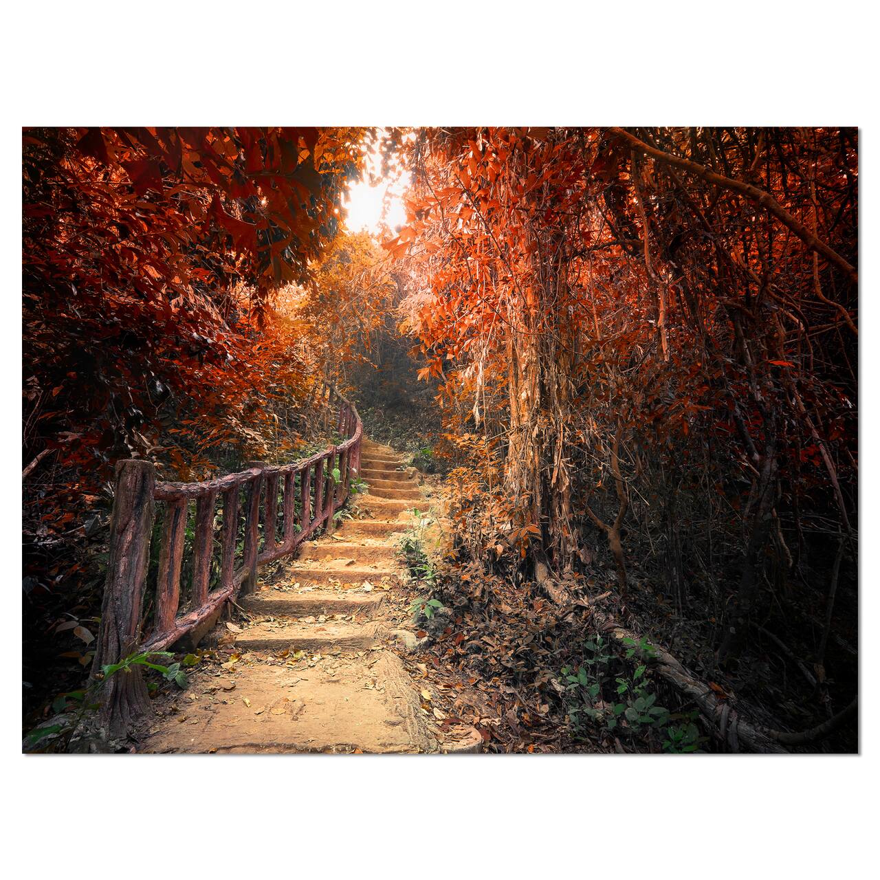 Designart - Stairway Through Red Fall Forest - Landscape Photography Canvas Print